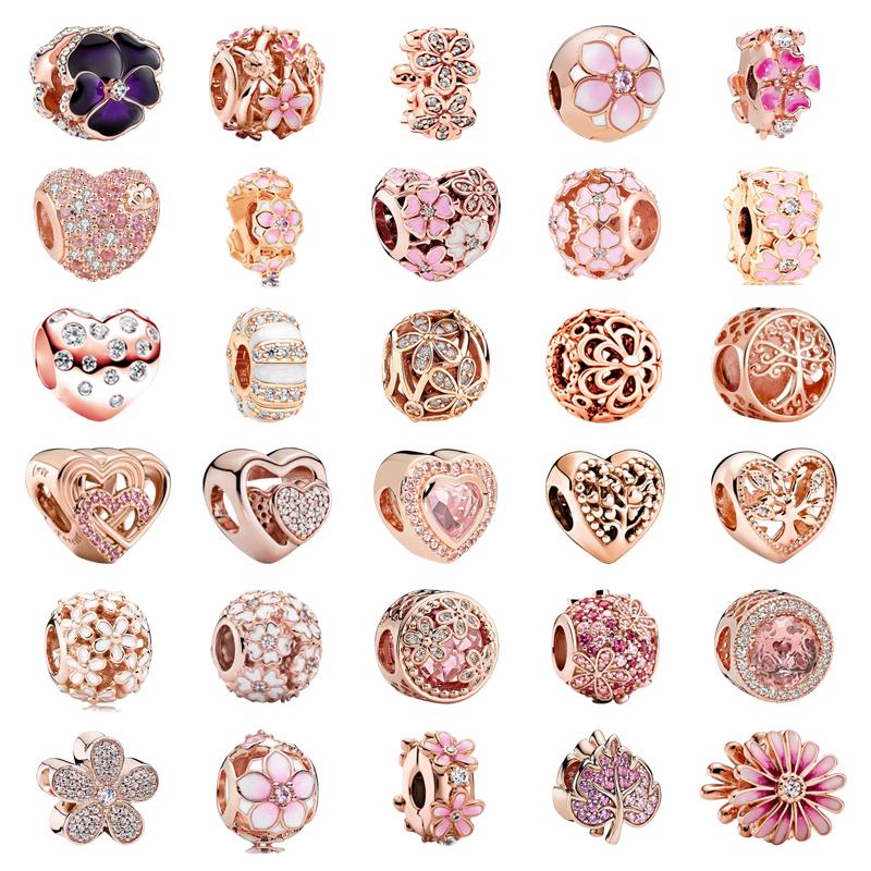 Charms Diy Women Jewelry Gift Sparkling Rose Gold Flowers & Hearts Family Tree Daisy Flower Beads Fit Original Bracelet