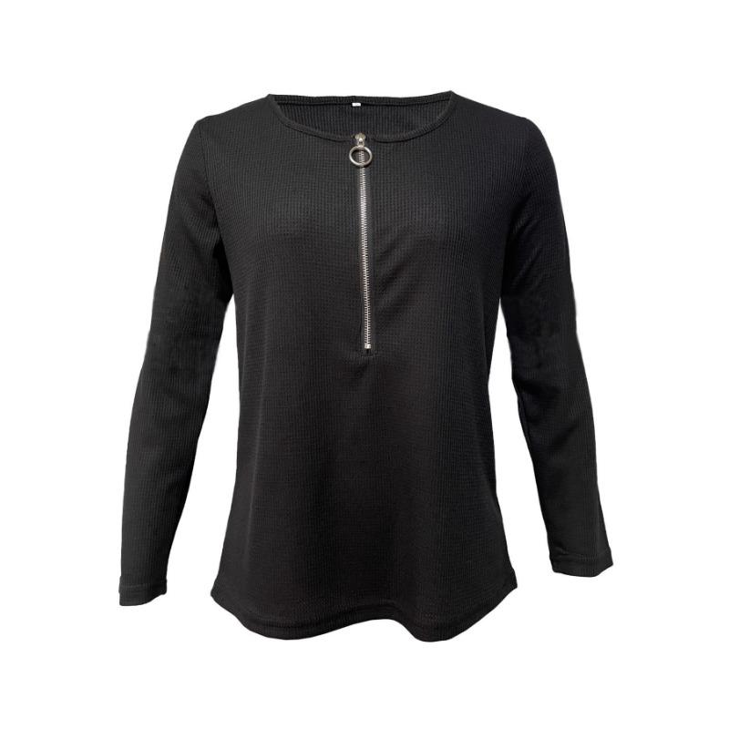 Women Solid Color Waffle Long Sleeve Zipper Casual T Shirt Top