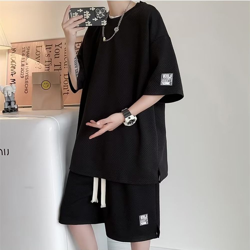 Aaronlive Letni T-shirt z krótkim rękawem o luźnym kroju i gładki dres plus size L Zestaw męski, Szorty, Kolor, Bluza, Rozmiary, Odprowadzający pot,