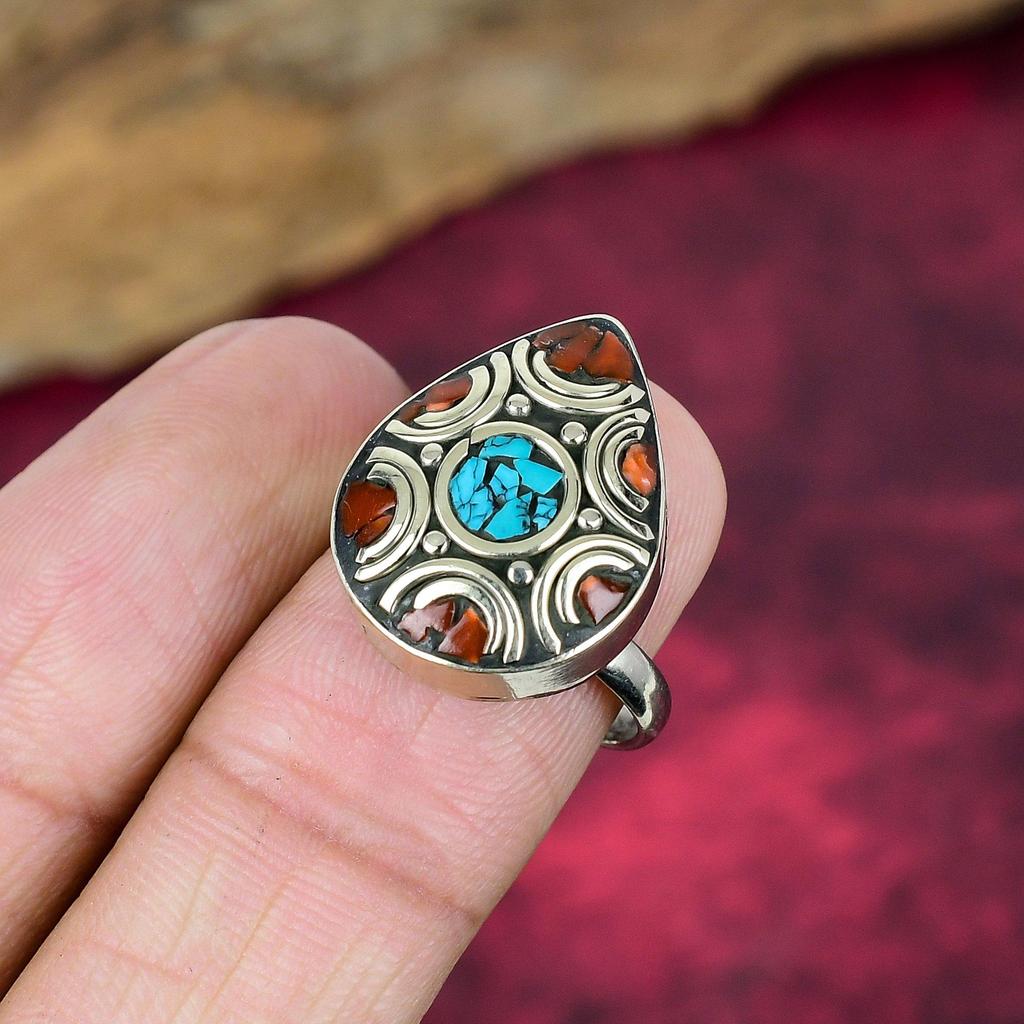 Blue Turquoise & Coral Solid Sterling Silver Nepali Ring, Handmade Gemstone Ring Jewelry, Gifts For Mother Brand New Adjustable Ring