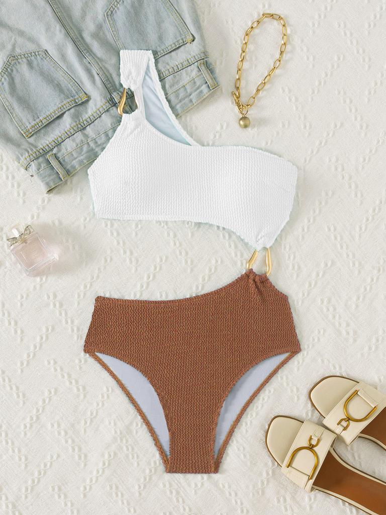 Color-matching Hollow-out One Shoulder Sexy Swimsuit Bikini