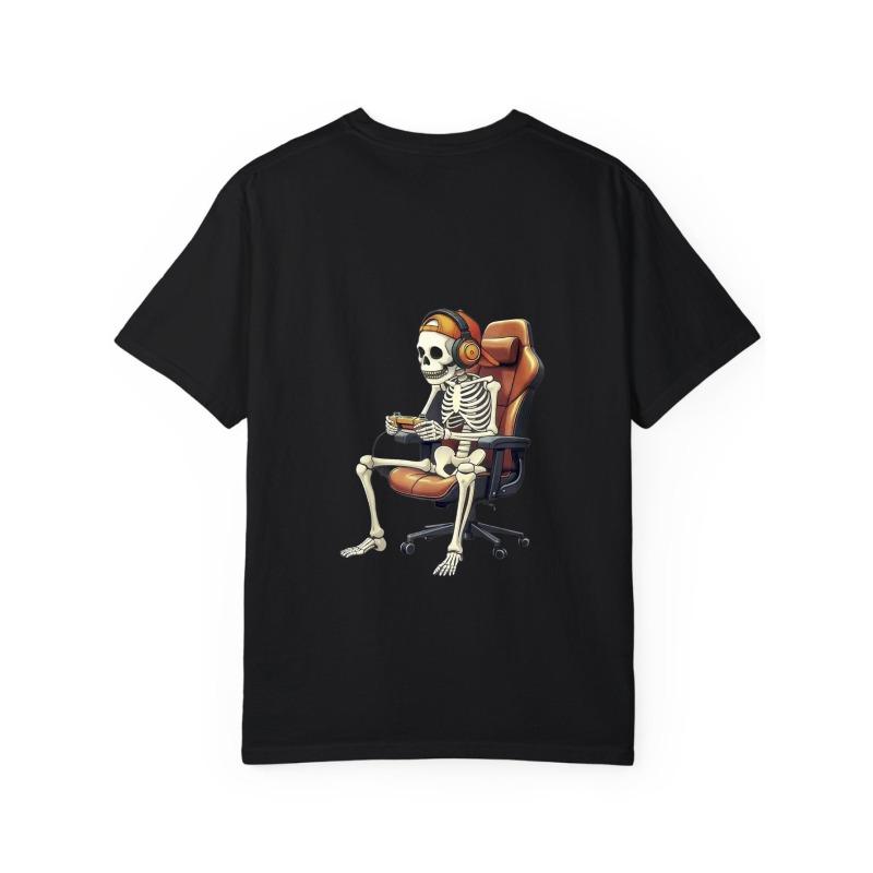 White T-Shirt Skeleton Gamer with Headphones and Chair Gaming Design for Casual Wear