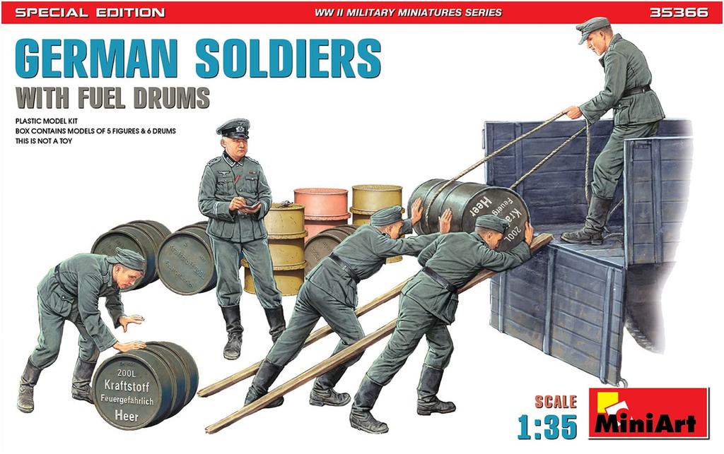 Miniart Scale German Soldier Special Edition Plastic Model Kit with 5 Figures and Fuel Drums 1/35 (MA35366)
