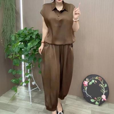 Women's Loose Two-Piece Outfit Lapel V Neck Short Sleeve Top Long Pants Set Summer Casual Lounge Suit