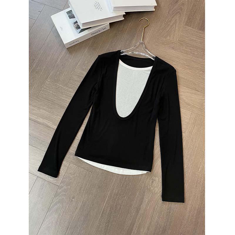 

Women s Classic Black & White Color-Block U-Neck T-Shirt - Faux Two-Piece, Spring 26 Collection Small чёрный/белый