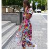 Summer Short Sleeve Vintage Print Sexy Women Dresses Casual Elegant Slim Fit V Neck Floral Long Dress Women High Waist Lace-up Party Club Dress 26101