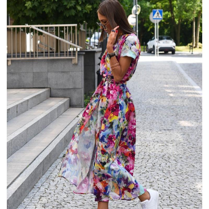 Summer Short Sleeve Vintage Print Sexy Women Dresses Casual Elegant Slim Fit V Neck Floral Long Dress Women High Waist Lace-up Party Club Dress 26101