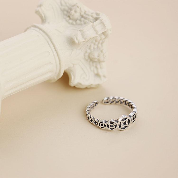S925 Sterling Silver Retro Copper Coin Open Ring - Japanese Korean Style, Five Blessings, Oxidized Finish