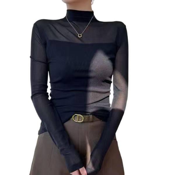 Stylish Slim-Fit Patchwork Lace Mesh Velvet Base Layer Top - High-Neck, Long-Sleeved for Autumn/Winter 2025