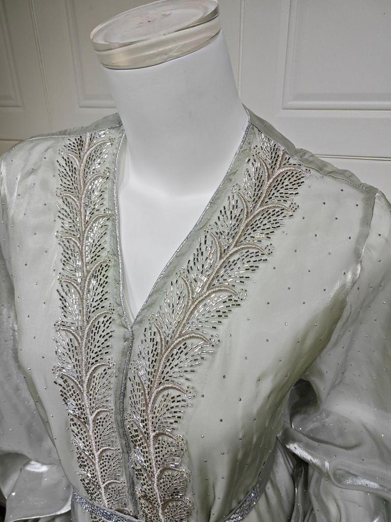 AB453 Puff Sleeve Cardigan: Elegant Long Dress & Robe Set with Hot Drill Accents