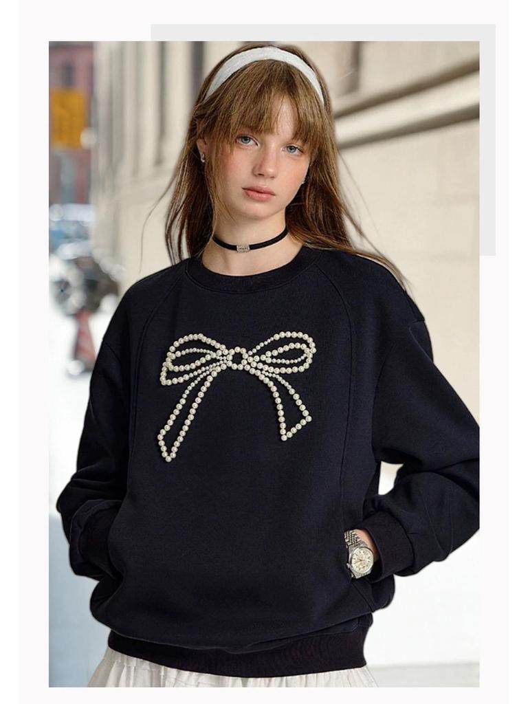 Women's 3D Beaded Bow Round Neck Sweatshirt - Loose Fit, Spring 2025 Collection