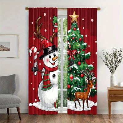 2pc Snowman and Reindeer Print Christmas Curtain for Living Room Rod Pocket Polyester Material Window Drapes