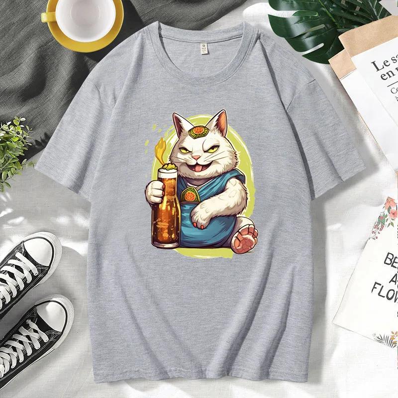 2025 Women Unisex High Quality Cotton Oversized T-shirt Fashion Loose Beer Cat Printed Top Summer Women's Short-sleeved Top Unisex