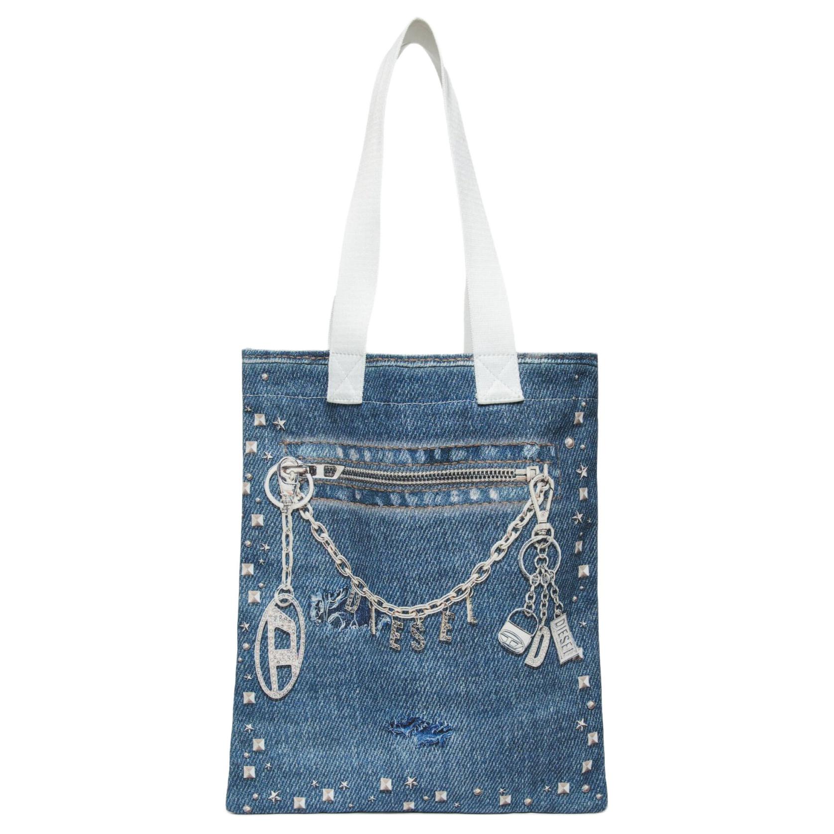 

Diesel Denim Texture Metal Chain Pendant Fabric Shoulder Bag Women shoulder bag Blue J02753KXBS9K01 Basic Set (Bag+Dust Bag)