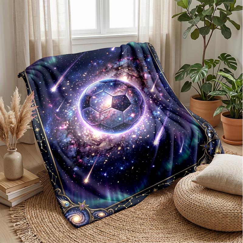 Cosmic Soccer Ball Blanket Personalized Name Flannel Blanket Soft Cozy Plush Throw for Sofa Bed Lightweight Home Decor