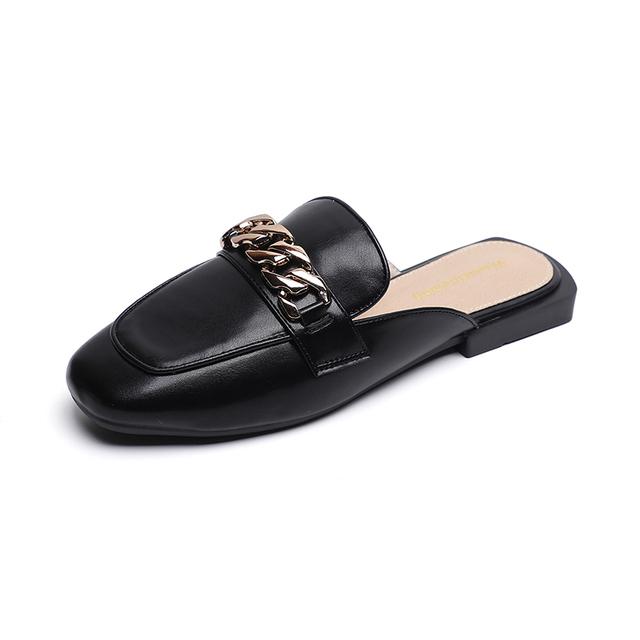 

Весенние женские новые тапочки на плоской подошве с квадратными мулями, уличная повседневная обувь в корейском стиле, модная металлическая цепочка, дизайн для банкетов и офисов 35 чёрный