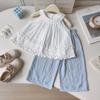 Girls' Summer Cute Embroidered Lace Halter Tank Top & Wide-Leg Pants Set