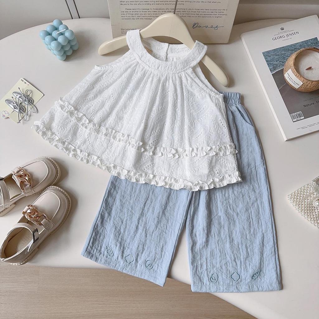Girls' Summer Cute Embroidered Lace Halter Tank Top & Wide-Leg Pants Set