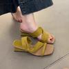 Sheepskin version~ Wedge heel French temperament square head sandals women's word with slippers open toe with skirt high heel cool slippers