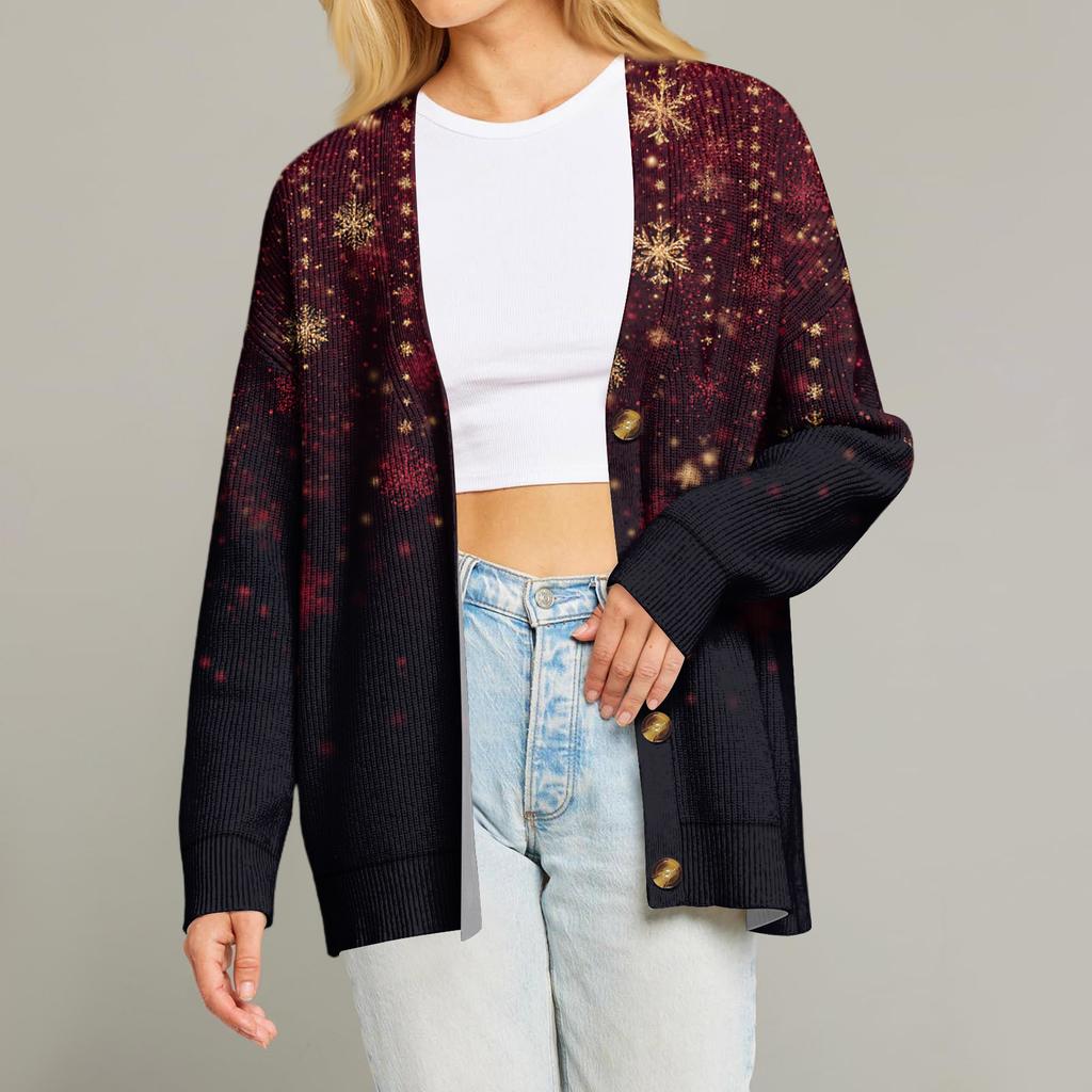 Women's Fashion Long Sleeve Print V-Neck Button Loose Cardigan Top