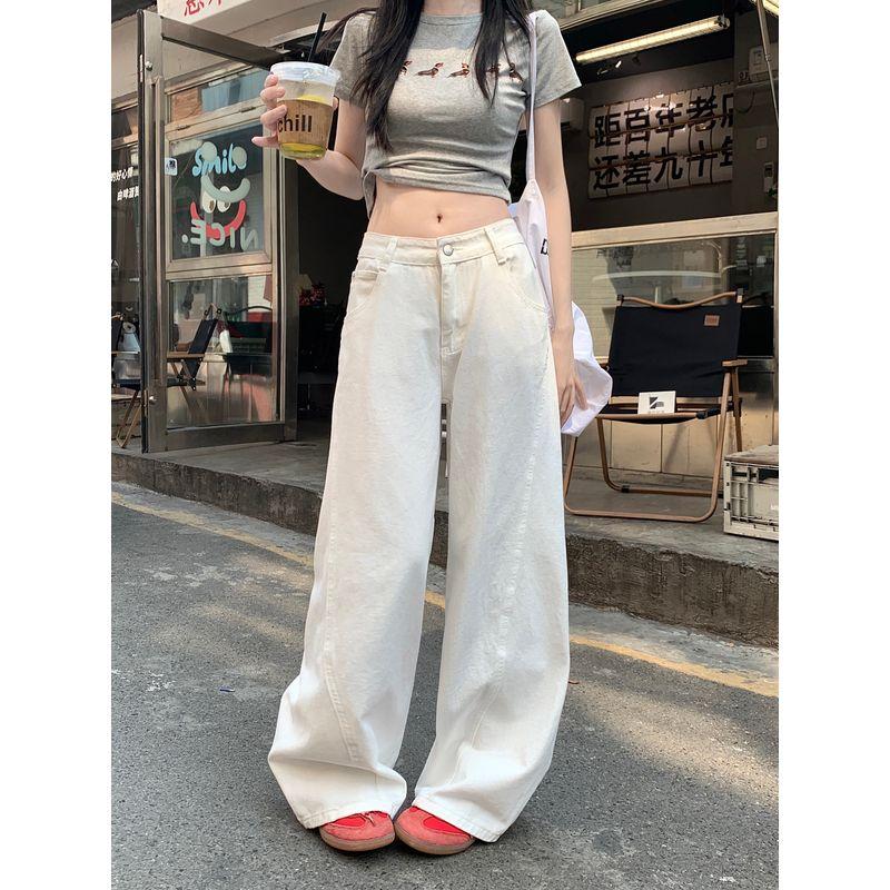 Washed White Denim Pants Women's Autumn Low Waist Loose Drooping Loose Pants Mop Pants Easiest for Match Machete Pants