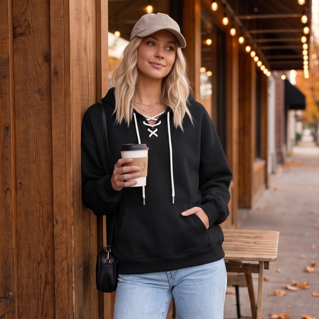 Women's Color Hoodie, Loose Fit Cross V-Neck Sweatshirt