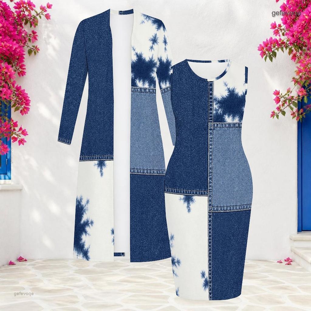 Women Plus Size Two Piece Set Long Sleeve Open Front Cardigan Sleeveless Round Neck Bodycon Printed Dress Blue White Beige