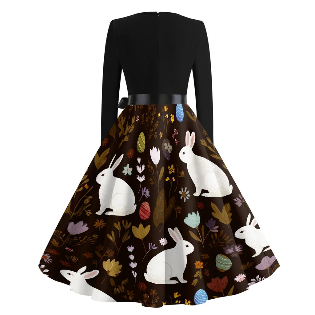 Damen Casual Mode Rundhals Karneval Bedrucktes Vintage Kleid