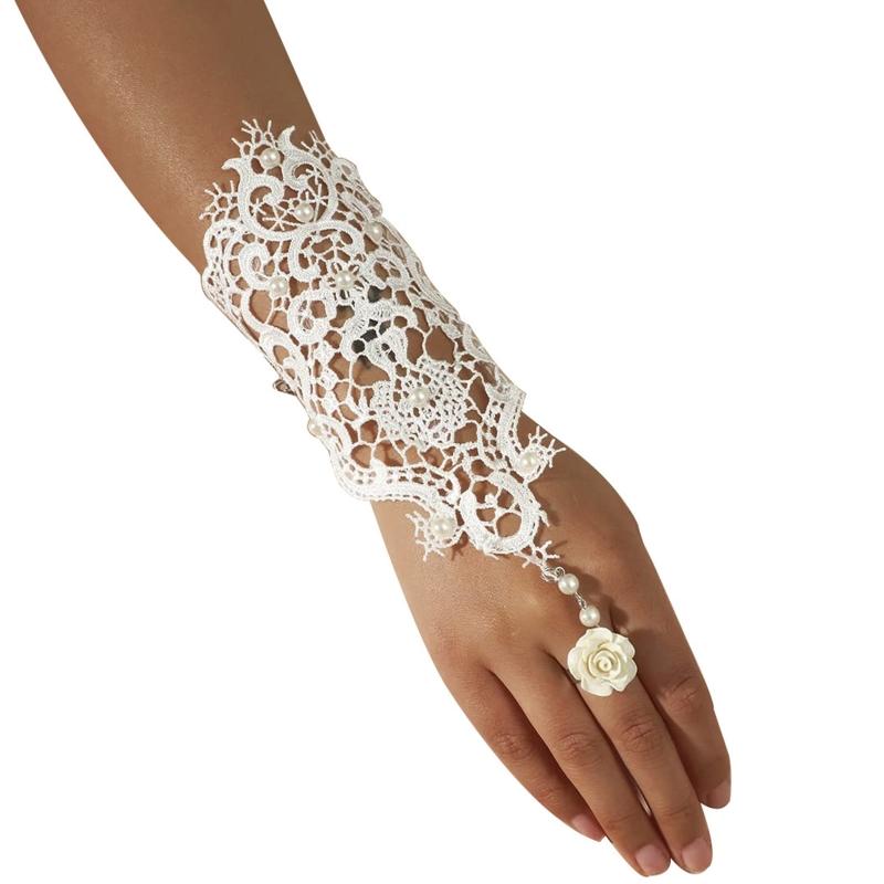 

2colors Women Rose Beads Flower Lace Gloves Goth Style Adjustable with Ring Long Bracelet Wedding Bridal Accessories