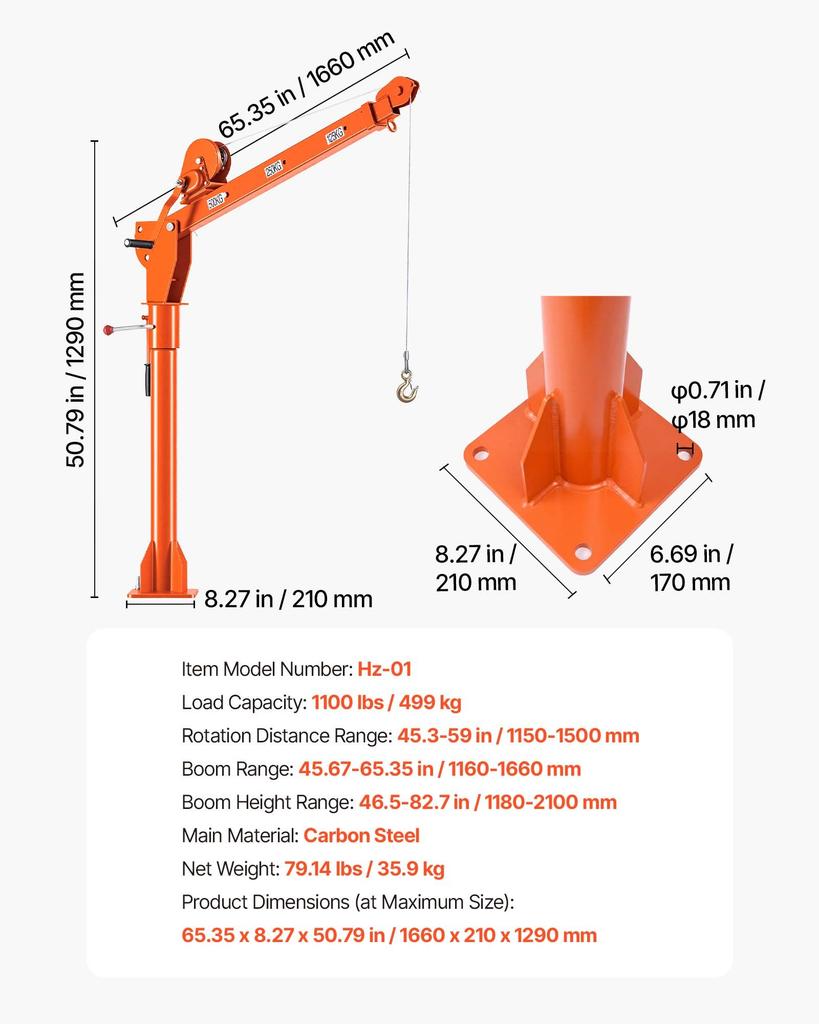 VEVOR Truck Crane, 499 kg Manual Pickup Truck Crane with Hand Winch, 360 degrees Rotating Telescopic Boom, Premium Galvanized Steel