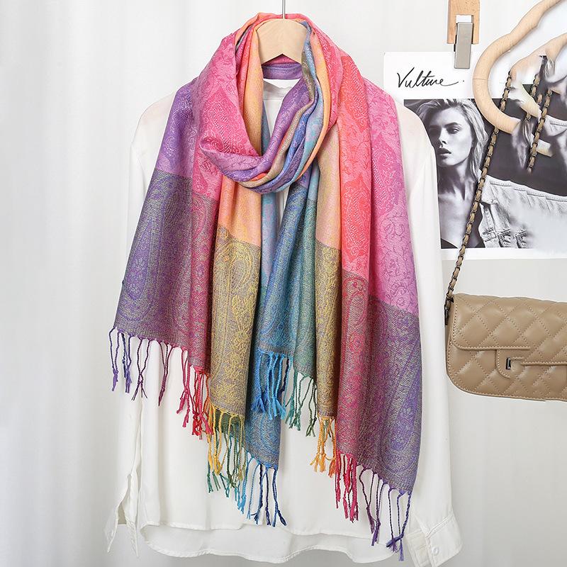 Ethnic Style Colorful Cashew Embroidered Long Scarf Rainbow Gradient Tassel Scarf Shawl Women's Headscarf