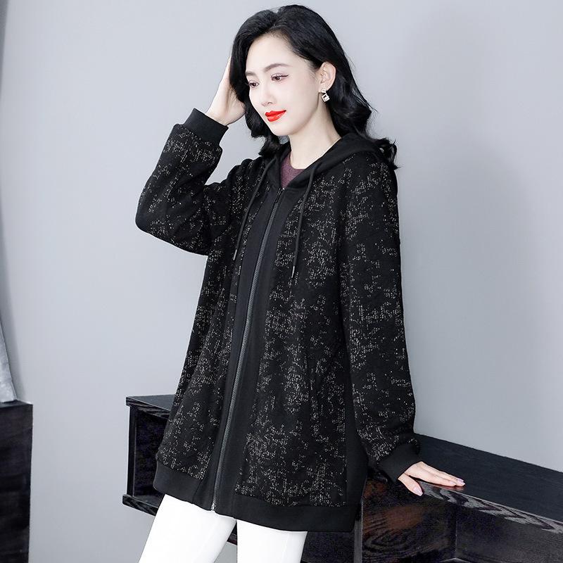 

Европейский кардиган с капюшоном из жаккарда люрекса в стиле легкой роскоши для полных женщин среднего возраста XL (Recommended for 100-160 jin)