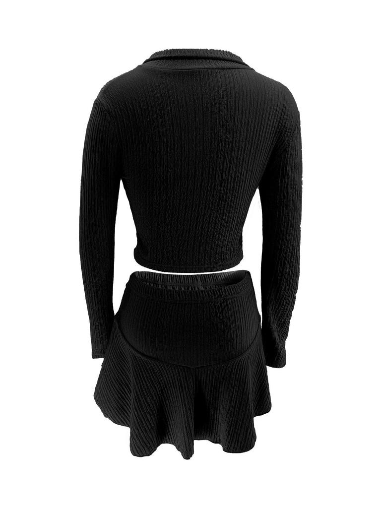 Dames Effen Kleur Rits Cropped Top & Ruche Rokje Set