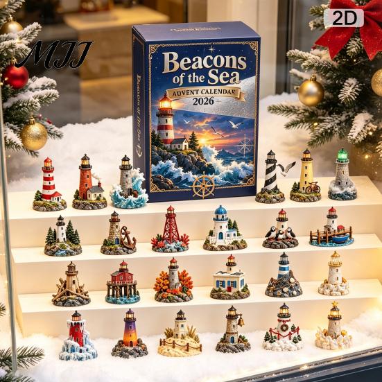 Nautical Theme Gift Acrylic Ocean Lighthouse Advent Calendar, 24 Day Countdown Box with Retro Scenes And Surprise Unboxing Experience for Holiday