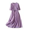2025 summer new retro cotton and linen medium-sleeved dress women's lace-up waist thin solid color medium-length dress women