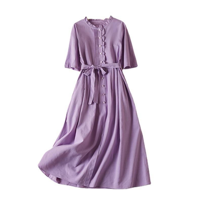 2025 summer new retro cotton and linen medium-sleeved dress women's lace-up waist thin solid color medium-length dress women