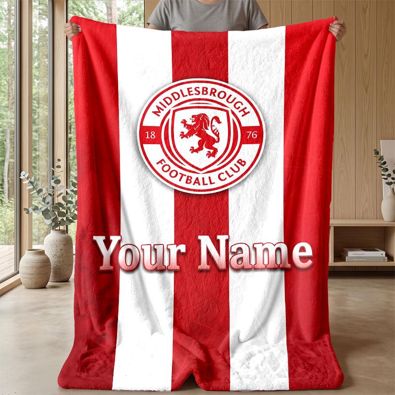 Middlesbrough FC Custom Name Text Flannel Blanket Soccer Logo Personalized Fleece Throw Blanket Special Gift For Sofa Bedroom Home