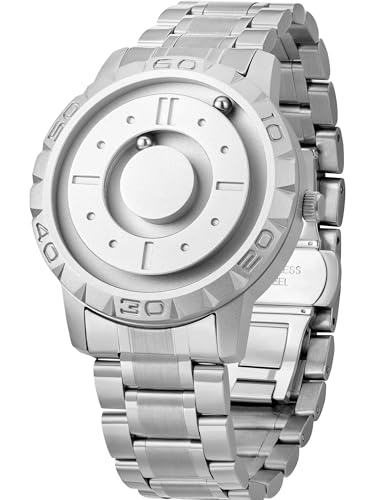 EUTOUR Men's Magnetic Watch with Ball Bearing Design, Quartz Movement, Minimalist Casual Design, Waterproof, 40mm, Silver Dial, Silver Stainless Steel