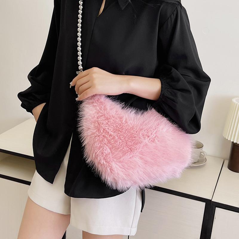 Bolso de Hombro Dumpling Peludo Color Caramelo Diseño Nicho Cadena de Perlas Bolso Cruzado de Axila Mini Bolso de Mano Y2K Trendy Para Mujer