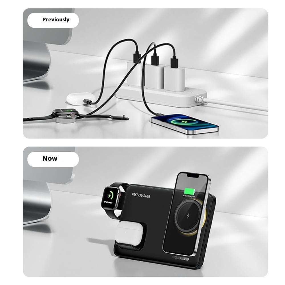 HT-543 3 in 1 Foldable Magnetic Wireless Charging Stand for Phone/Earbuds/Watch 15W Fast Charge Phone Holder