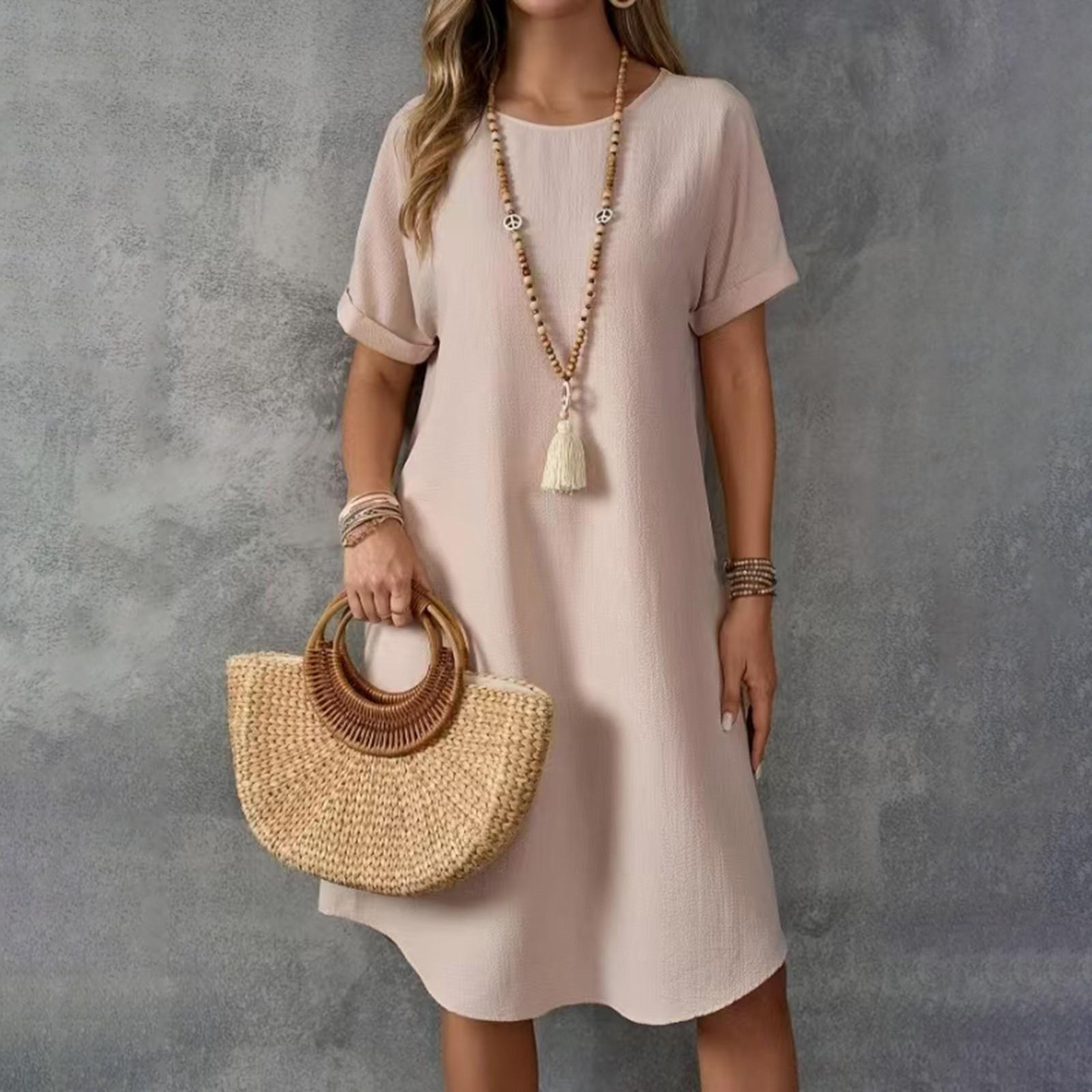 

Женское летнее повседневное однотонное платье с круглым вырезом и коротким рукавом средней длины свободного покроя M розовый
