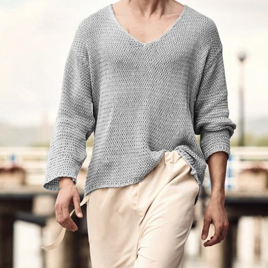 Men Sweater V Neck Easy To Match Breathable Elastic Comfortable Knit Long Sleeves Loose Pullover Fall Sweater Men Clothes