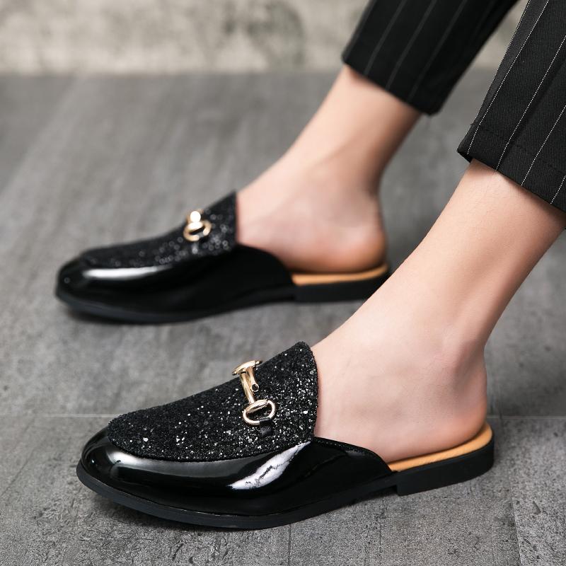 Fashion Luxury Men's Genuine Leather Shoes Sequins High-end Casual Shoes Comfortable Half Slippers Loafers Men's Flat Shoes At Home