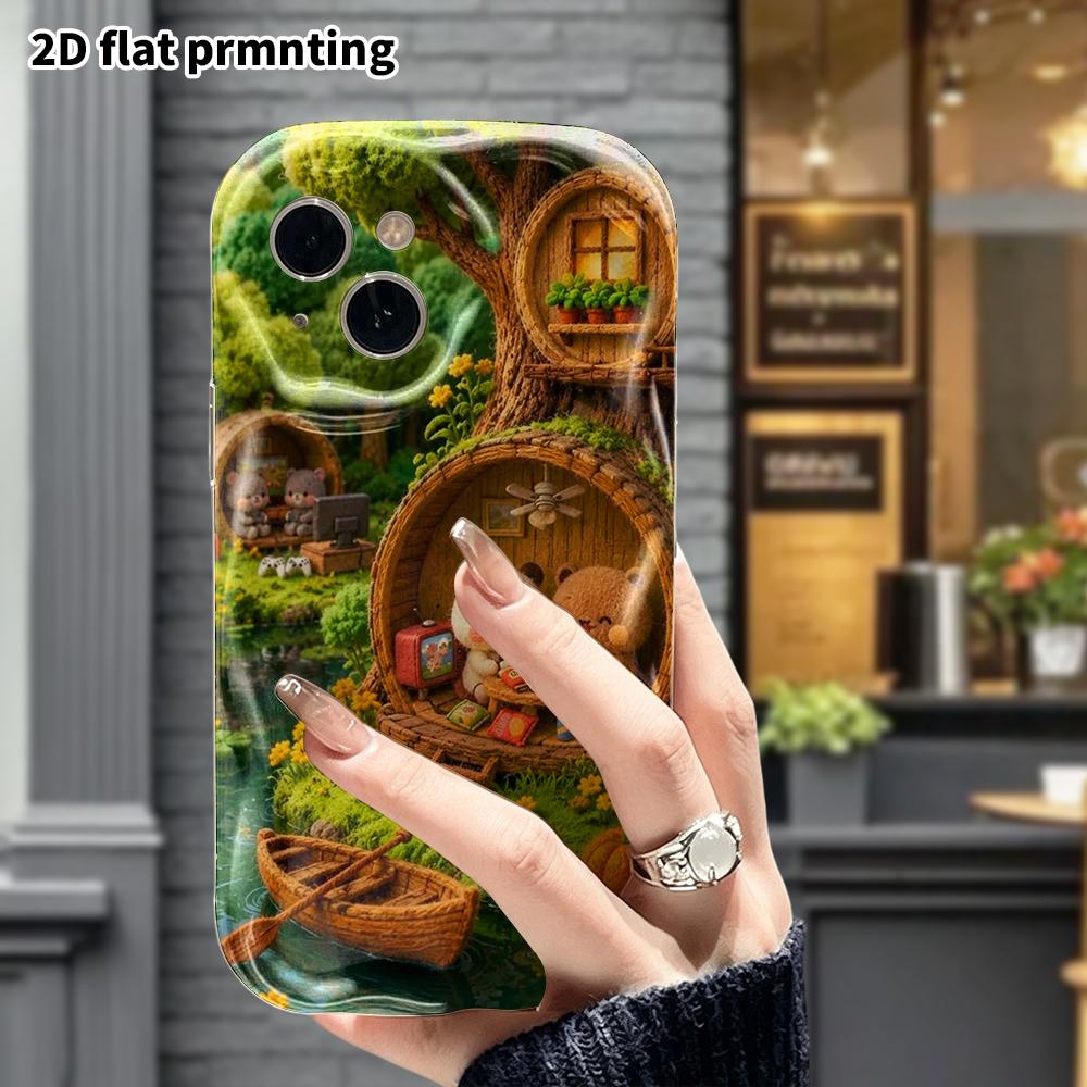 Phone Case: 2D Flat, Fits iPhone 18 17 16 15 14 13 12 Pro Protective Case, Forest Tree Hollow Cabin, Perfect Christmas and Halloween Holiday Gift