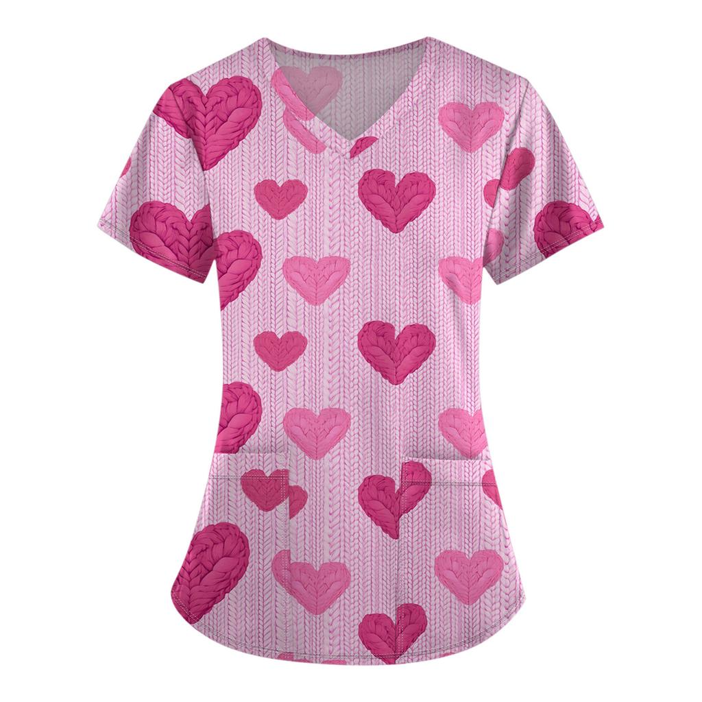 Women's Fashion V-Neck Short Sleeve Overalls With Pocket Valentine's Day Printed Tops  Clothes