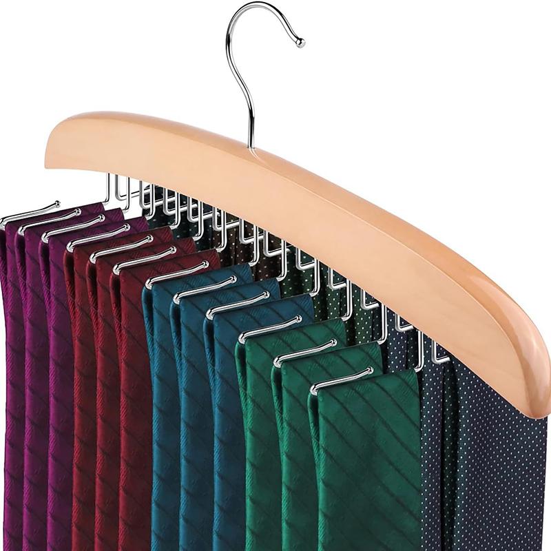 Tie Rack Tie Hanger 24 Hooks Wooden Tie Organizer, Tank Top Hanger, Belt Organizer For Closet,With Upgraded 360°Rotating, Belts