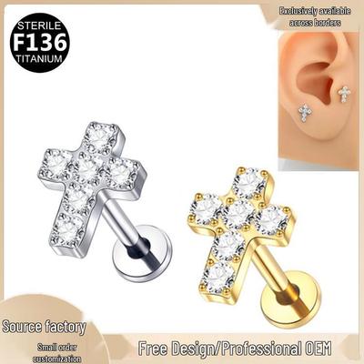 G23 Titanium Cubic Zirconia Cross Ear Bone Stud with Internal Thread Flat Back for Piercing