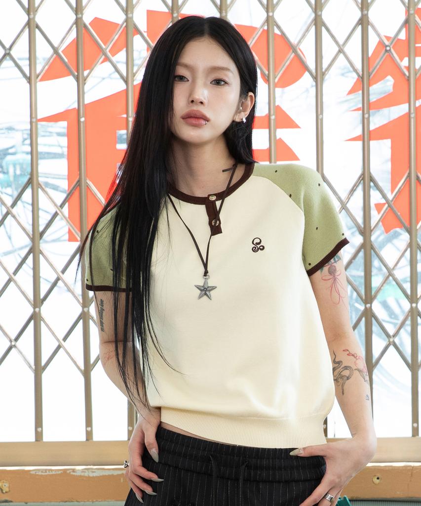 RuNaKi'Hu' Wxk019 Dot Raglan Color Block Short Sleeve Knit (Ivory)