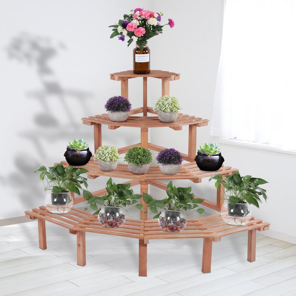 4 Tiers Pine Wood Corner Flower Pot Stand Plant Display Shelf Garden Decor (Natural Wood)