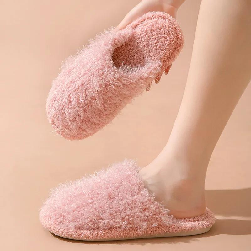 Fashion Women's Slippers 2024 New Autumn Winter Rolled Cotton Plush Flat Toe Comfort Warm Lightweight Home Flat Bottomed Cotton Slippers